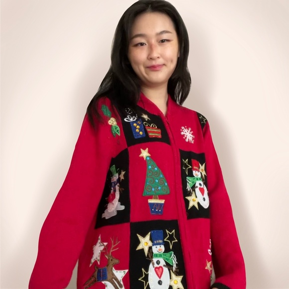 Vintage ugly xmas sweater with sequined snowmen, snowflakes, trees, reindeer, & - Picture 3 of 4